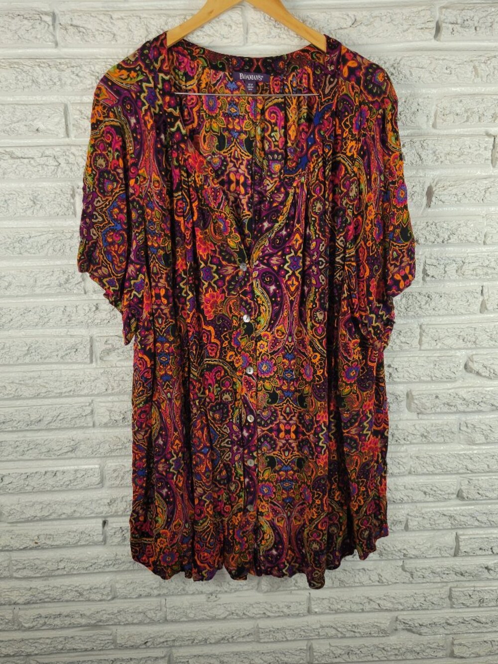 Roamans Womens Top Size 30W Multicolor Floral V Neck Short Sleeve Button FLO170E